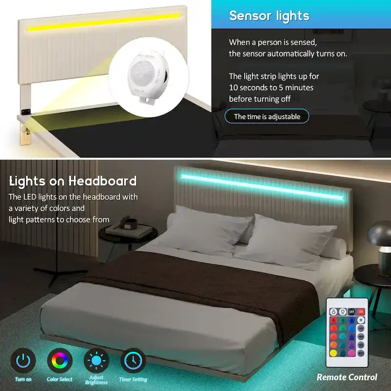 Cadre de Lit Flottant Rembourré Moderne avec Lumières LED, Lit en Velours Design Vertical à Canaux, Taille Double, Beige