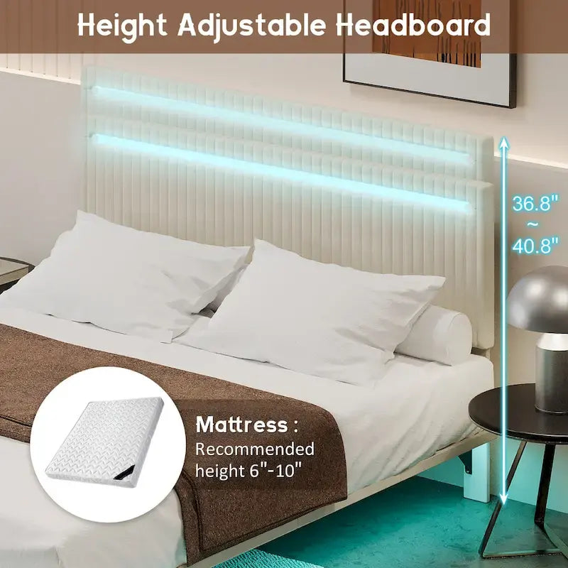 Cadre de Lit Flottant Rembourré Moderne avec Lumières LED, Lit en Velours Design Vertical à Canaux, Taille Double, Beige
