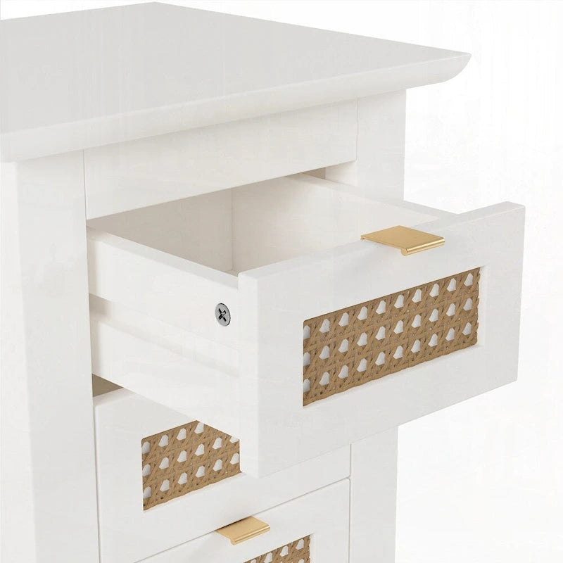Tables de chevet en bois (lot de 2) avec surfaces en rotin tressé et trois tiroirs