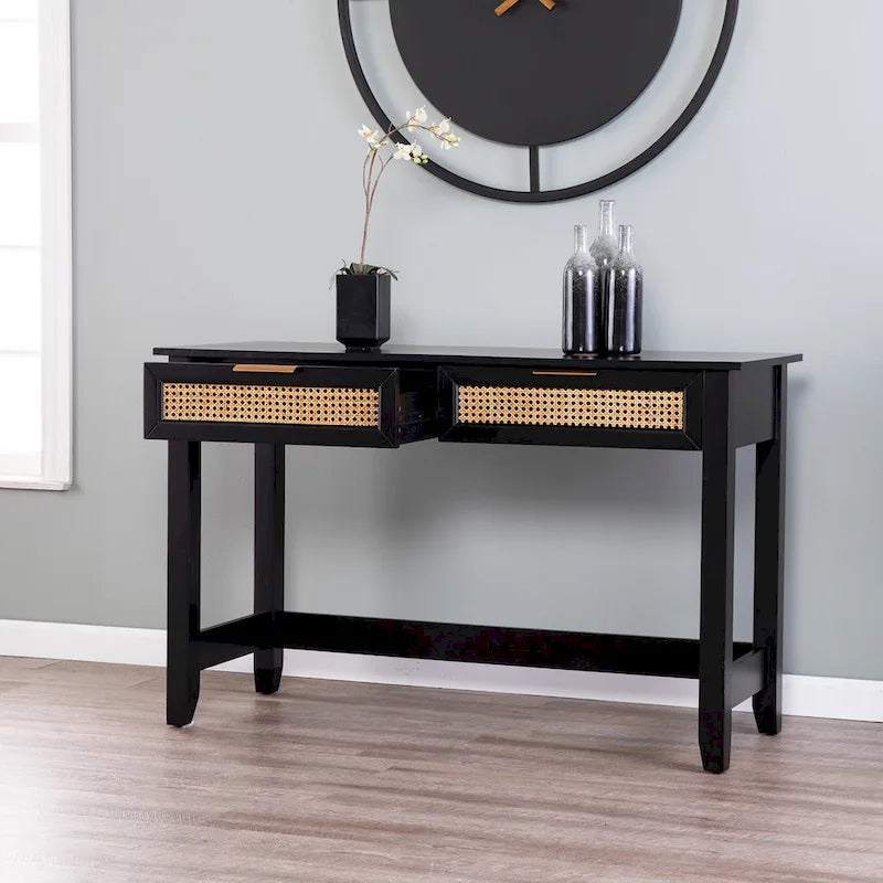 SEI Furniture Chekshire Mid-Century Modern Storage Console Table with Rattan Drawers