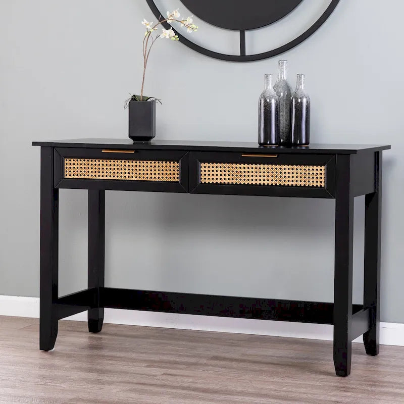 Console de rangement moderne du milieu du siècle  avec tiroirs en rotin