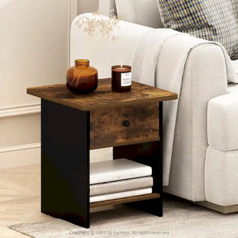Table d'appoint/de chevet  avec étagère de rangement et tiroir en tissu