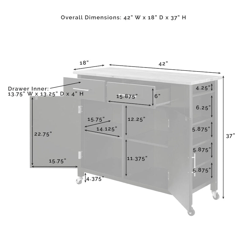 Chariot de cuisine avec plateau en bois - 94 cm H x 106,7 cm L x 46,4 cm P