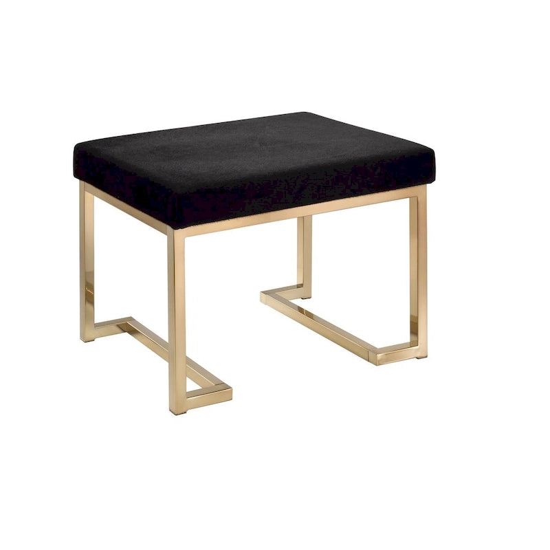 Ottoman en métal couleur champagne, rembourré en tissu noir "Sweet Black" et orné d'une orchidée argentée