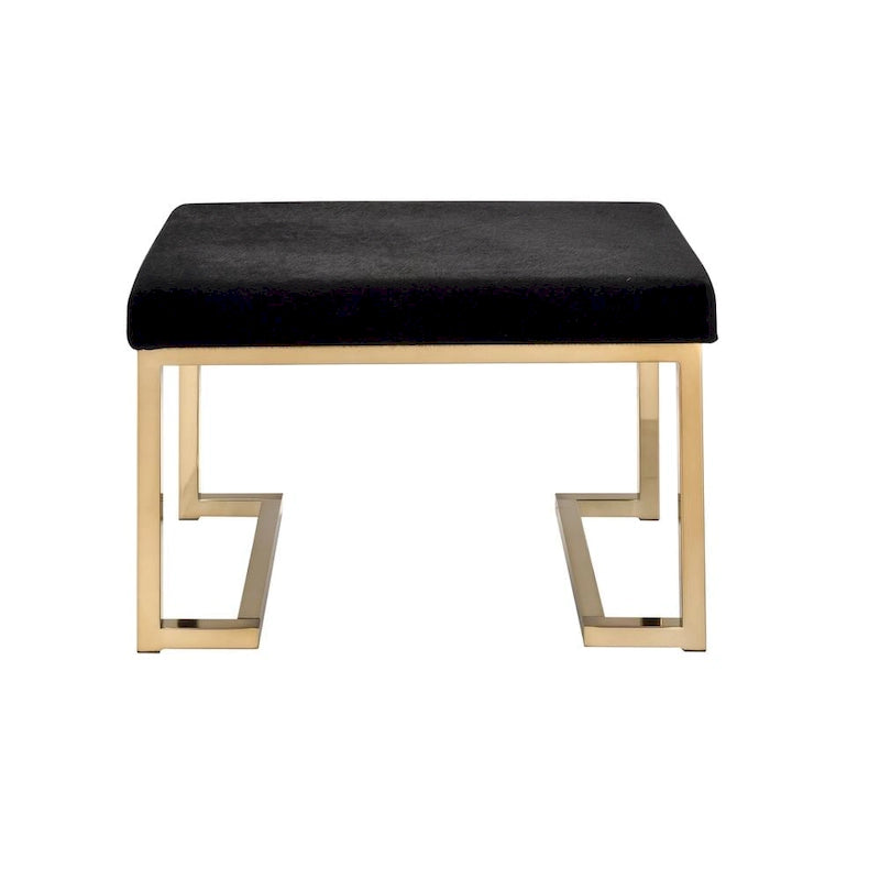 Ottoman en métal couleur champagne, rembourré en tissu noir "Sweet Black" et orné d'une orchidée argentée