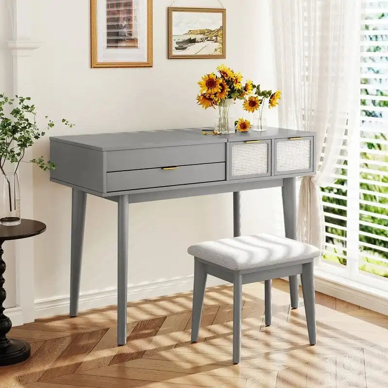 Coiffeuse en bois avec miroir escamotable et tabouret