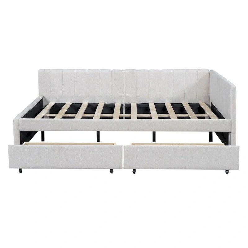 Lit de repos rembourré pleine grandeur avec 2 tiroirs de rangement, Cadre de lit banquette, Aucun sommier tapissier requis, Tissu en lin (beige)