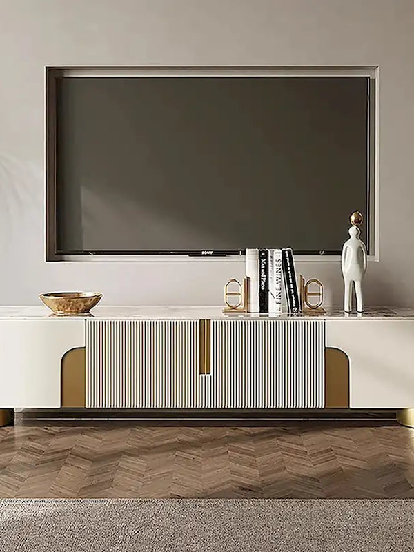 Meuble TV de 200 cm avec 3 tiroirs, couleur blanche, plateau en pierre frittée - 200 cm