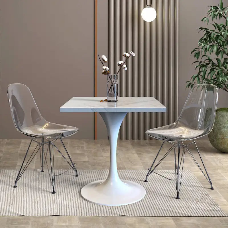 Table à manger carréeavec plateau en résine et piètement en acier blanc pour cuisine et salle à manger