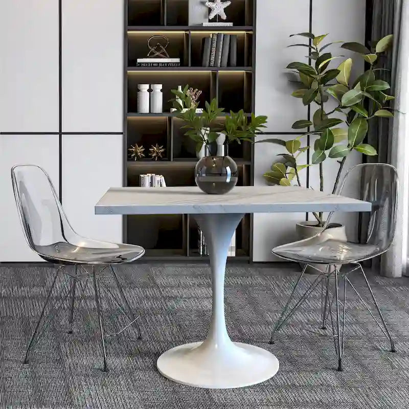 Table à manger carréeavec plateau en résine et piètement en acier blanc pour cuisine et salle à manger