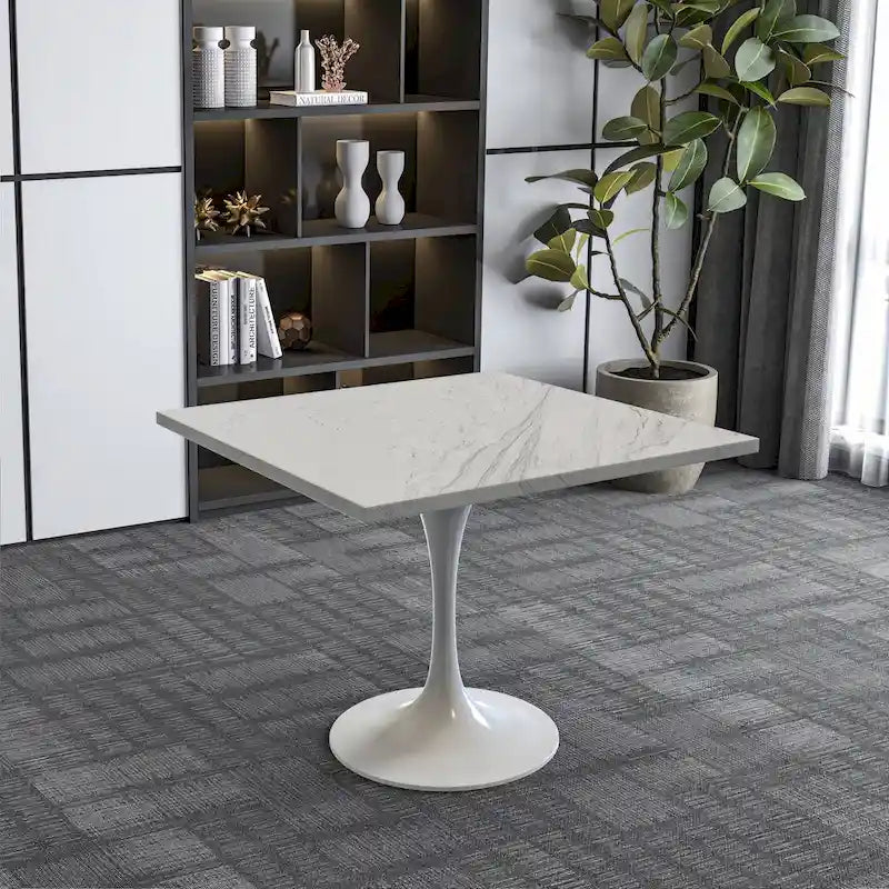 Table à manger carréeavec plateau en résine et piètement en acier blanc pour cuisine et salle à manger