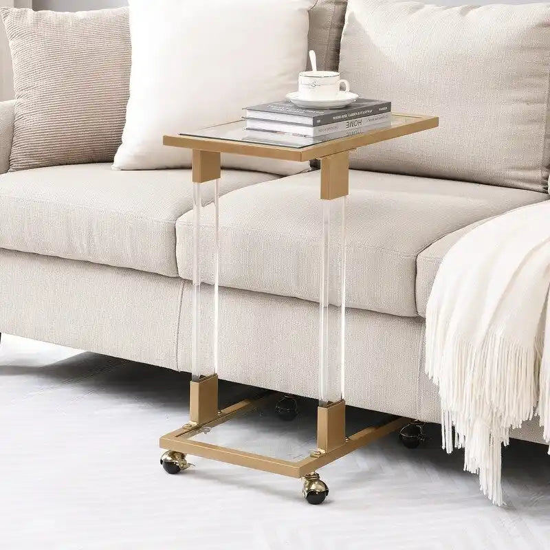Table d'appoint C moderne contemporaine, table de chevet avec plateau en verre trempé, structure en acier et acrylique, roulettes verrouillables