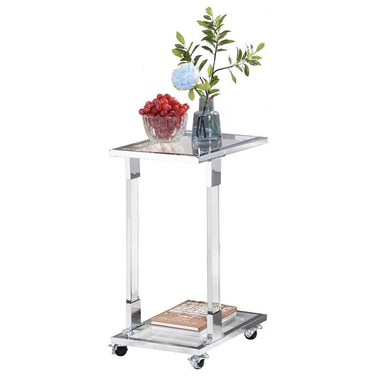 Table d'appoint C moderne contemporaine, table de chevet avec plateau en verre trempé, structure en acier et acrylique, roulettes verrouillables