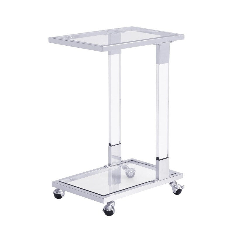 Table d'appoint C moderne contemporaine, table de chevet avec plateau en verre trempé, structure en acier et acrylique, roulettes verrouillables