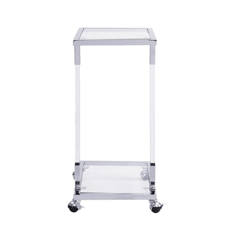 Table d'appoint C moderne contemporaine, table de chevet avec plateau en verre trempé, structure en acier et acrylique, roulettes verrouillables