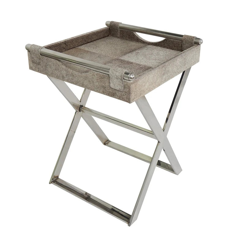 Table d'appoint d'extrémité de canapé en cuir avec pieds et poignées diagonales argentés - Gris - Roche River Decor