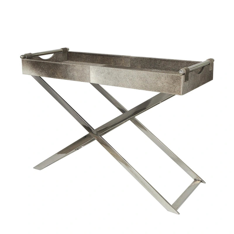 Leather Tray Table Side End Accent Table with Diagonal Silver Legs and Handles - Grey - Roche River Decor