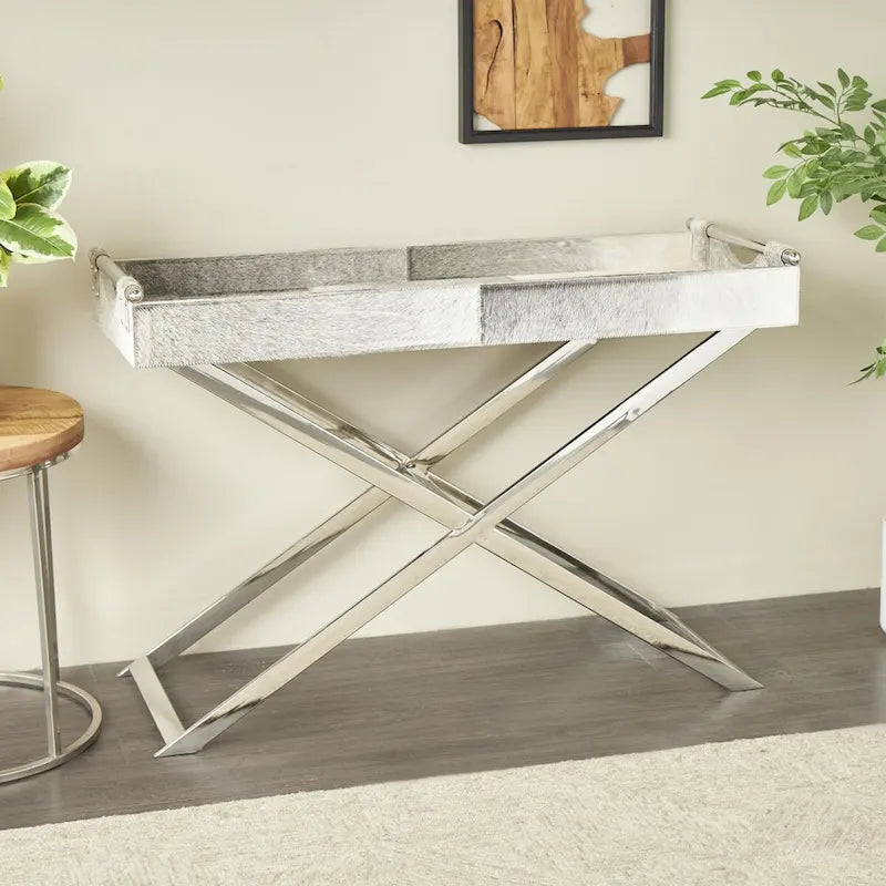 Table d'appoint d'extrémité de canapé en cuir avec pieds et poignées diagonales argentés - Gris - Roche River Decor