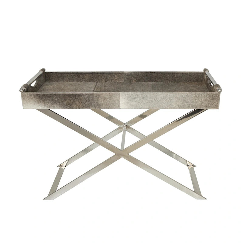 Table d'appoint d'extrémité de canapé en cuir avec pieds et poignées diagonales argentés - Gris - Roche River Decor