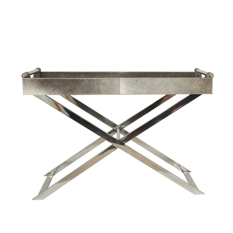 Table d'appoint d'extrémité de canapé en cuir avec pieds et poignées diagonales argentés - Gris - Roche River Decor