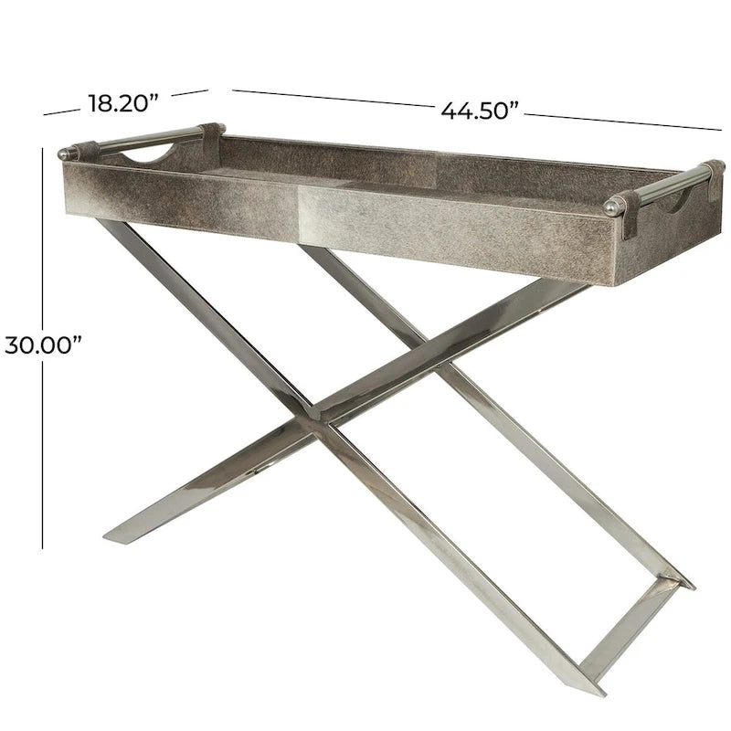 Table d'appoint d'extrémité de canapé en cuir avec pieds et poignées diagonales argentés - Gris - Roche River Decor
