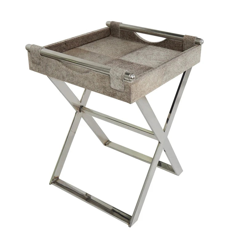 Table d'appoint d'extrémité de canapé en cuir avec pieds et poignées diagonales argentés - Gris - Roche River Decor