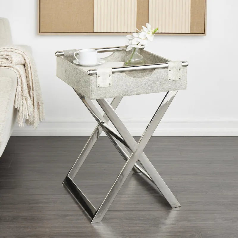 Table d'appoint d'extrémité de canapé en cuir avec pieds et poignées diagonales argentés - Gris - Roche River Decor