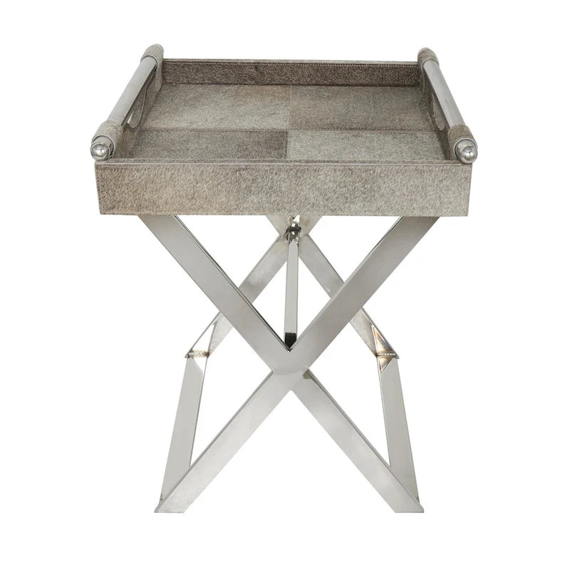 Table d'appoint d'extrémité de canapé en cuir avec pieds et poignées diagonales argentés - Gris - Roche River Decor