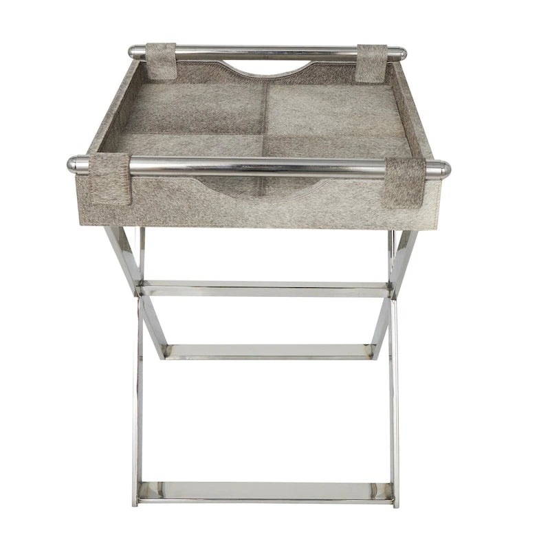 Table d'appoint d'extrémité de canapé en cuir avec pieds et poignées diagonales argentés - Gris - Roche River Decor