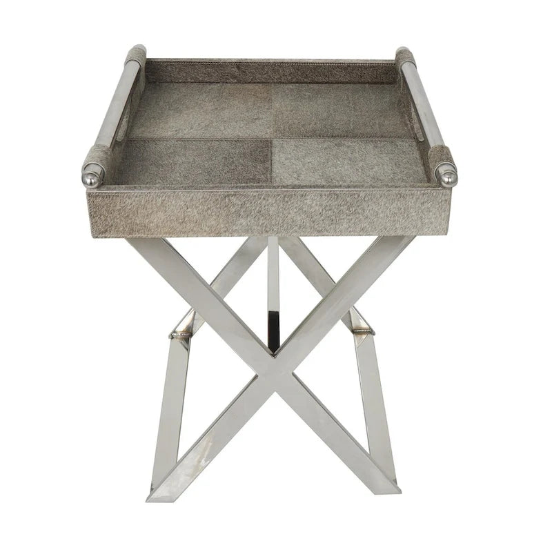 Table d'appoint d'extrémité de canapé en cuir avec pieds et poignées diagonales argentés - Gris - Roche River Decor