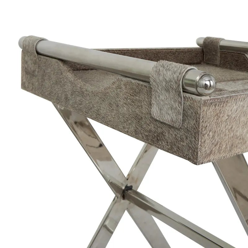 Table d'appoint d'extrémité de canapé en cuir avec pieds et poignées diagonales argentés - Gris - Roche River Decor