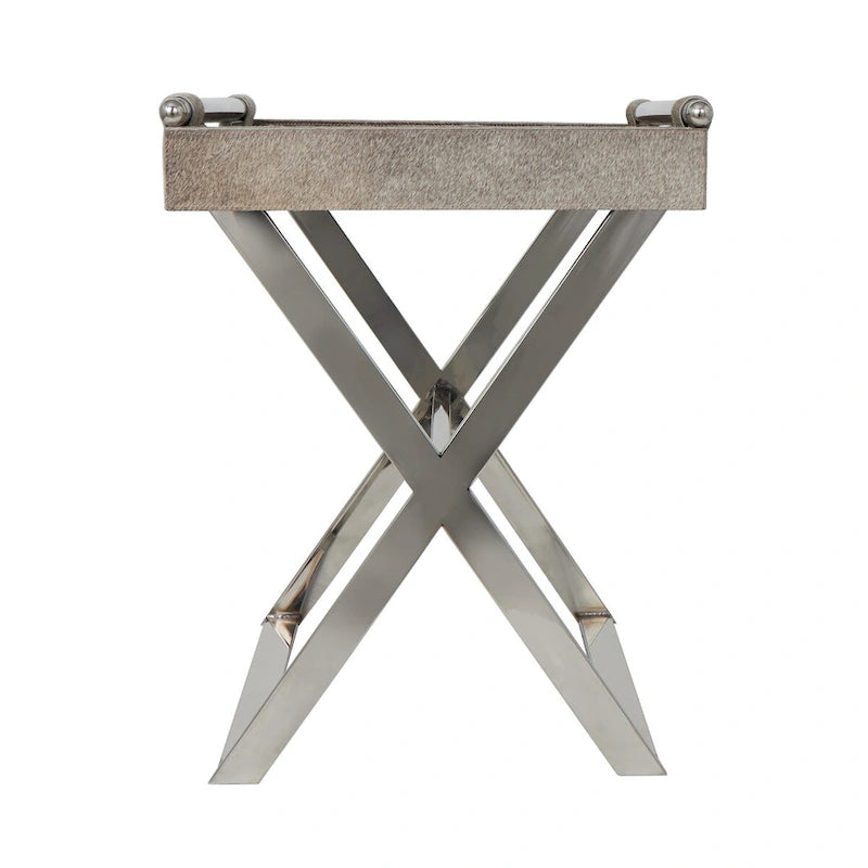 Table d'appoint d'extrémité de canapé en cuir avec pieds et poignées diagonales argentés - Gris - Roche River Decor