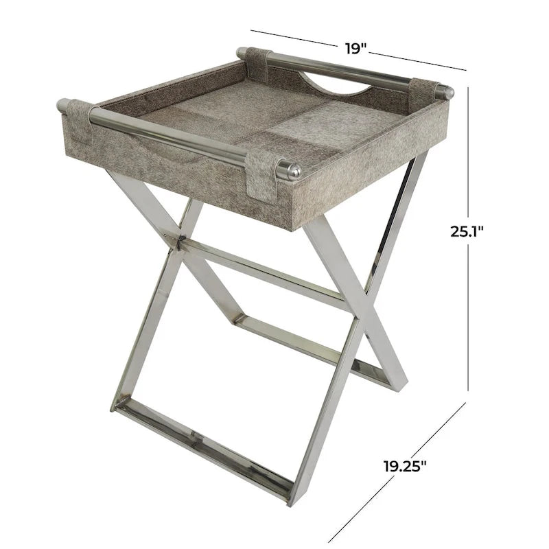 Table d'appoint d'extrémité de canapé en cuir avec pieds et poignées diagonales argentés - Gris - Roche River Decor
